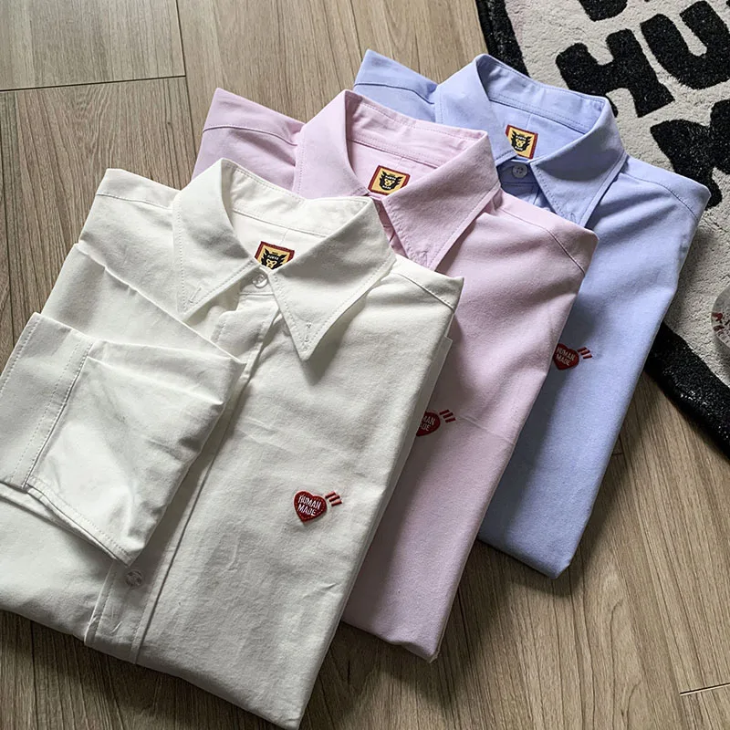 Human Made Shirts Embroidered Heart Cotton Casual Men Women 1:1 Long Sleeve Shirts