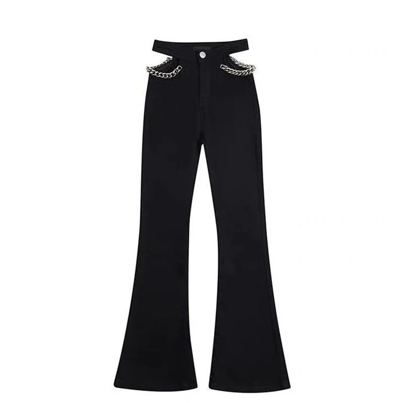 Straight Full Pants Women's Black Sexy Jeans High Waist Denim Women Skinny Hollow out Black Chain Pant Plus Size Show Hip Waist