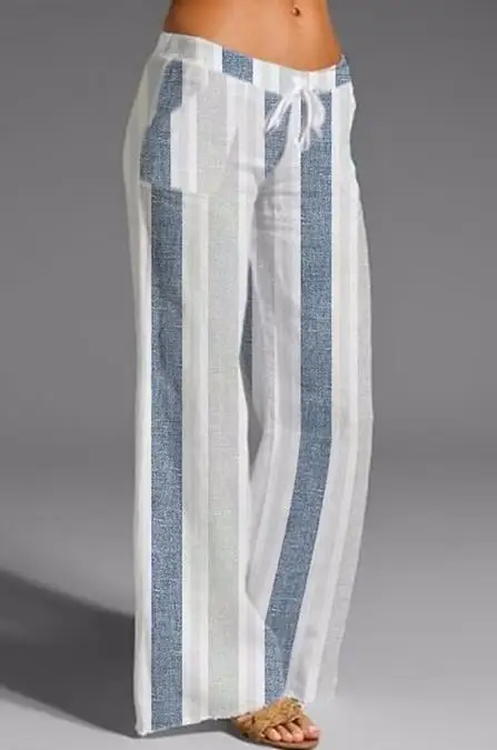 

Women's Pants 2023 Summer New Basic Versatile Fashion High Waist Button Stripe Printed Cotton Pants Loose Straight Leg Pants