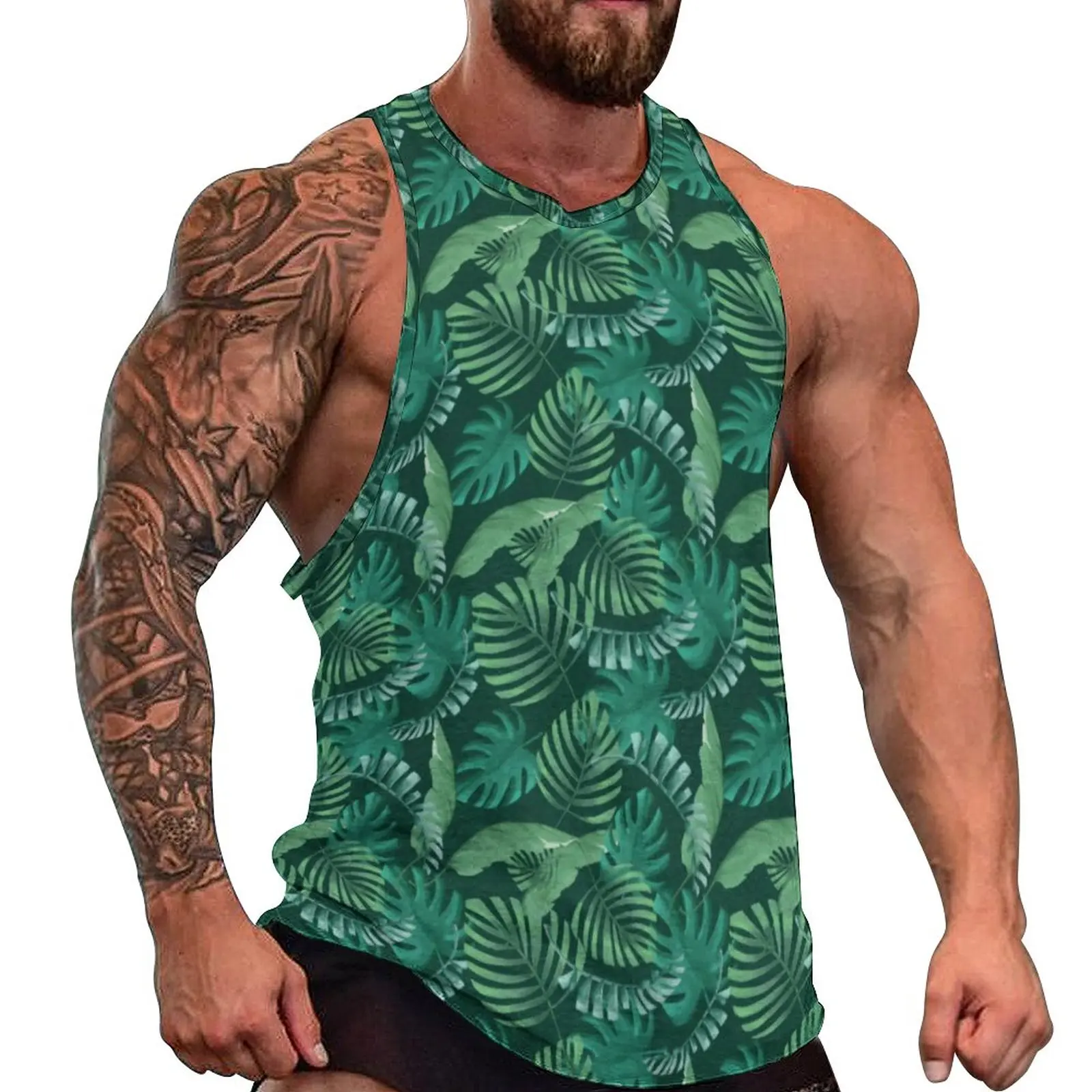 

Tropical Leaf Print Summer Tank Top Palm Leaves Bodybuilding Tops Males Custom Trendy Sleeveless Vests Big Size