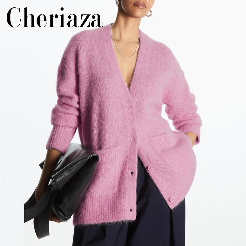 

Cheriaza Autumn Winter Pink Casual Sweater Long Sleeves V neck Loose Sweater Cardigan Solid Color Pocket Buttons Sweaters Female