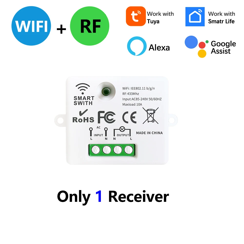 Умный выключатель света Tuya WiFi, 433 МГц, 110 В, 220 В, 2200 Вт, работает с Alexa, Google Assistant, Smart Life для улучшения дома