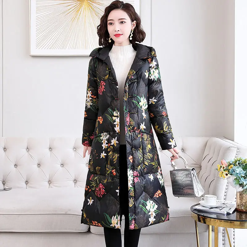 2023 Fashion Winter Ultralight Down Jacket Women Thick Print Female Coat Warm Winter Long Puffer Jackets Ladies Overcoat X452