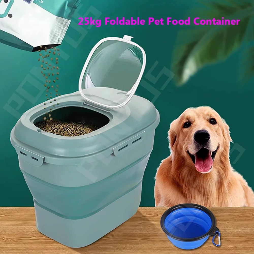 

Foldable Rice Bucket Pet Food Storage Container 25KG Dry Food Box Moisture Proof Seal Airtight with Measure Cup Pet Kitchen Tool