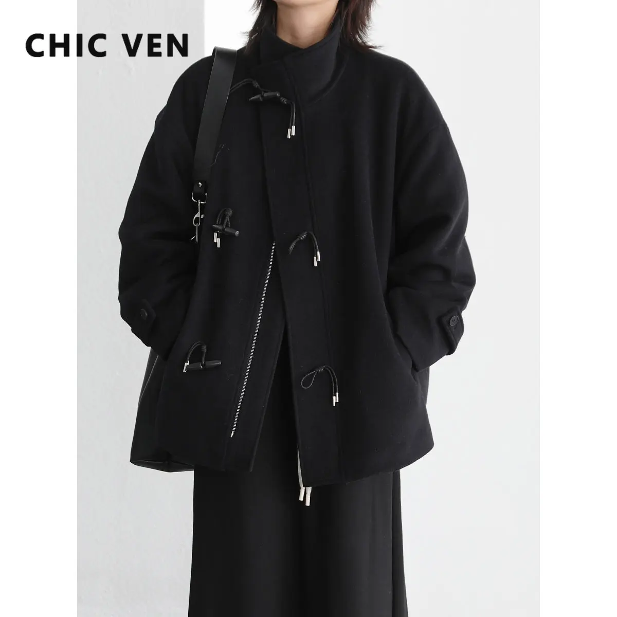 

CHIC VEN Long Black Blazer Trench Coats College Retro Loose Stand Collar Cowhide Button Wool Coat Autumn Winter 2022