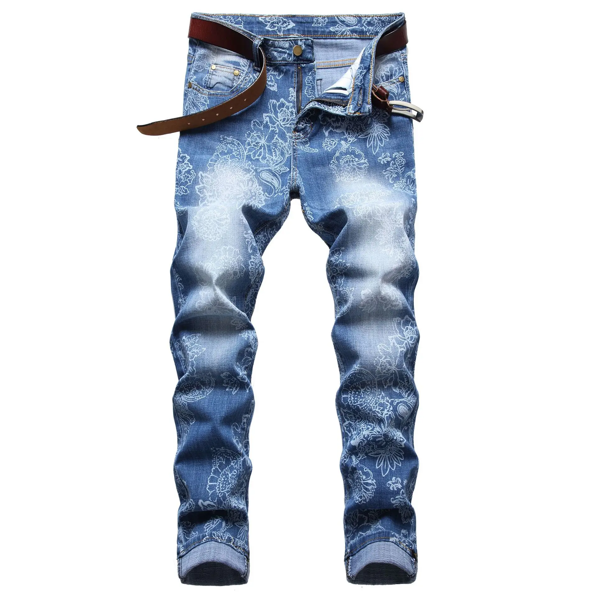 Fashion Print High Street Jeans Men Cotton Stretchy Slim Straight Trousers High Quality Mens Designer Clothes Streetwear Pants