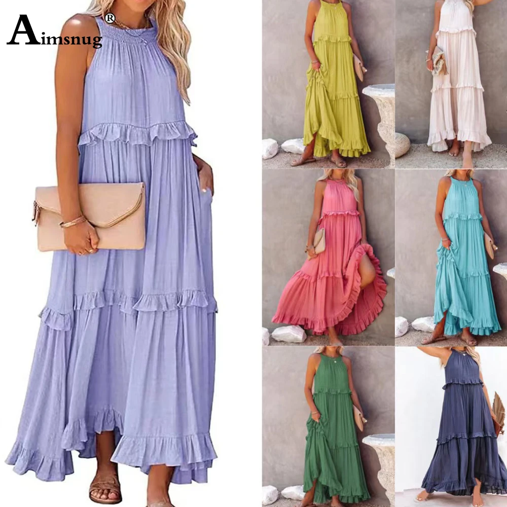 

Sleeveless Women Elegant Long Dress 2023 European Style Round Neck Simple Party Dresses Female Casual Loose Pleated Maxi Dress