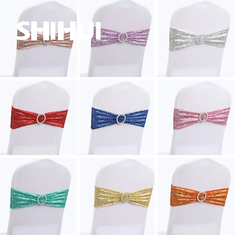 Sashes Glitter Sequin Tie Spandex Knot Cover Back Elastic Band Belt Bow For Hotel Banquet Wedding Party Event Decoration
