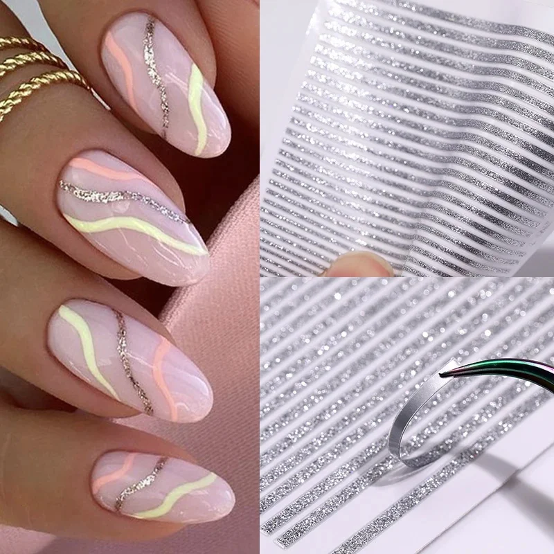 

3D Line Nail Stickers Silver Rose Gold Metallic Stripe Letter Decal Curve Gel Manicure Slider Nail Art Self-Adhesive Decoration