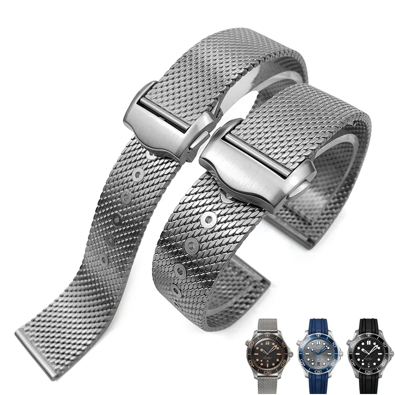 High Quality 316L Stainless Steel 19mm 20mm Watchband for Omega 007 James Bond Seamaster 300 Watch Strap Woven Metal Bracelets