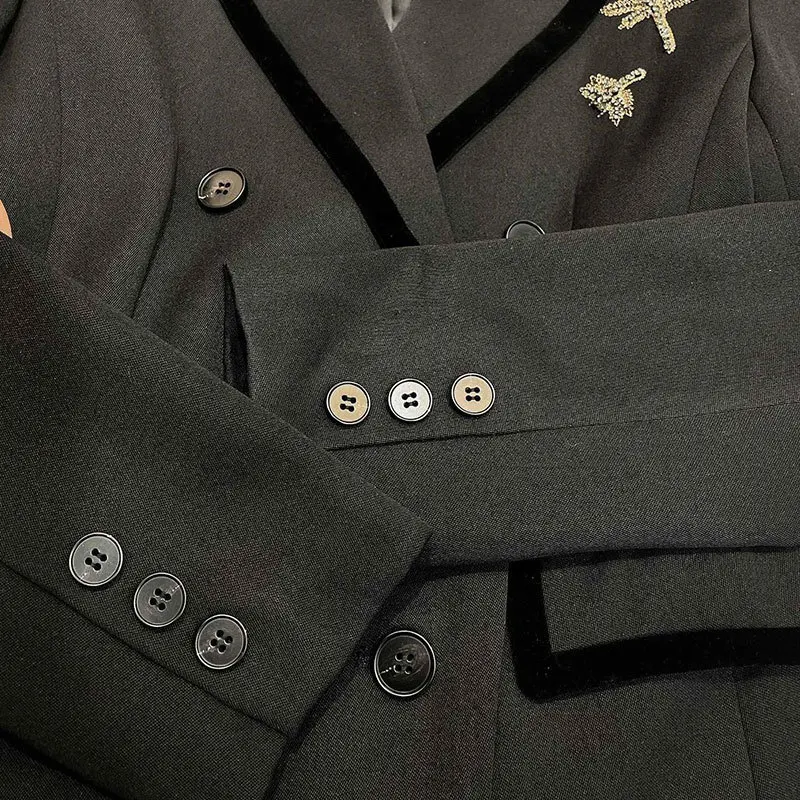 Классический дизайнерский черный блейзер с вышивкой модный двубортный