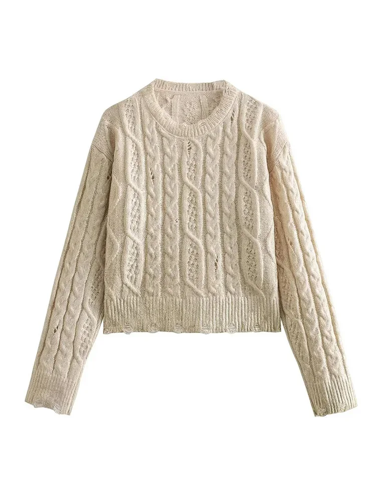 

HH TRAF Women's Cable Long-Sleeve Crewneck Sweater Winter Vintage Knitted Casual Warm Pullovers Female Fashion Loose Jumpers