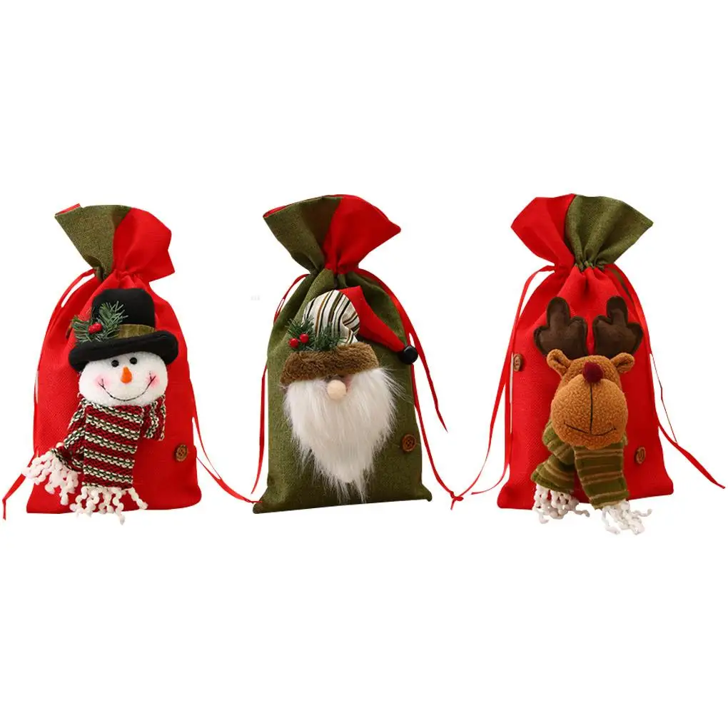 

3pcs Christmas Santa Sacks Bag With Drawstring Linen Xmas Gift Wrap Present Storage Bag Cookies Bag Merry Christmas Decorations