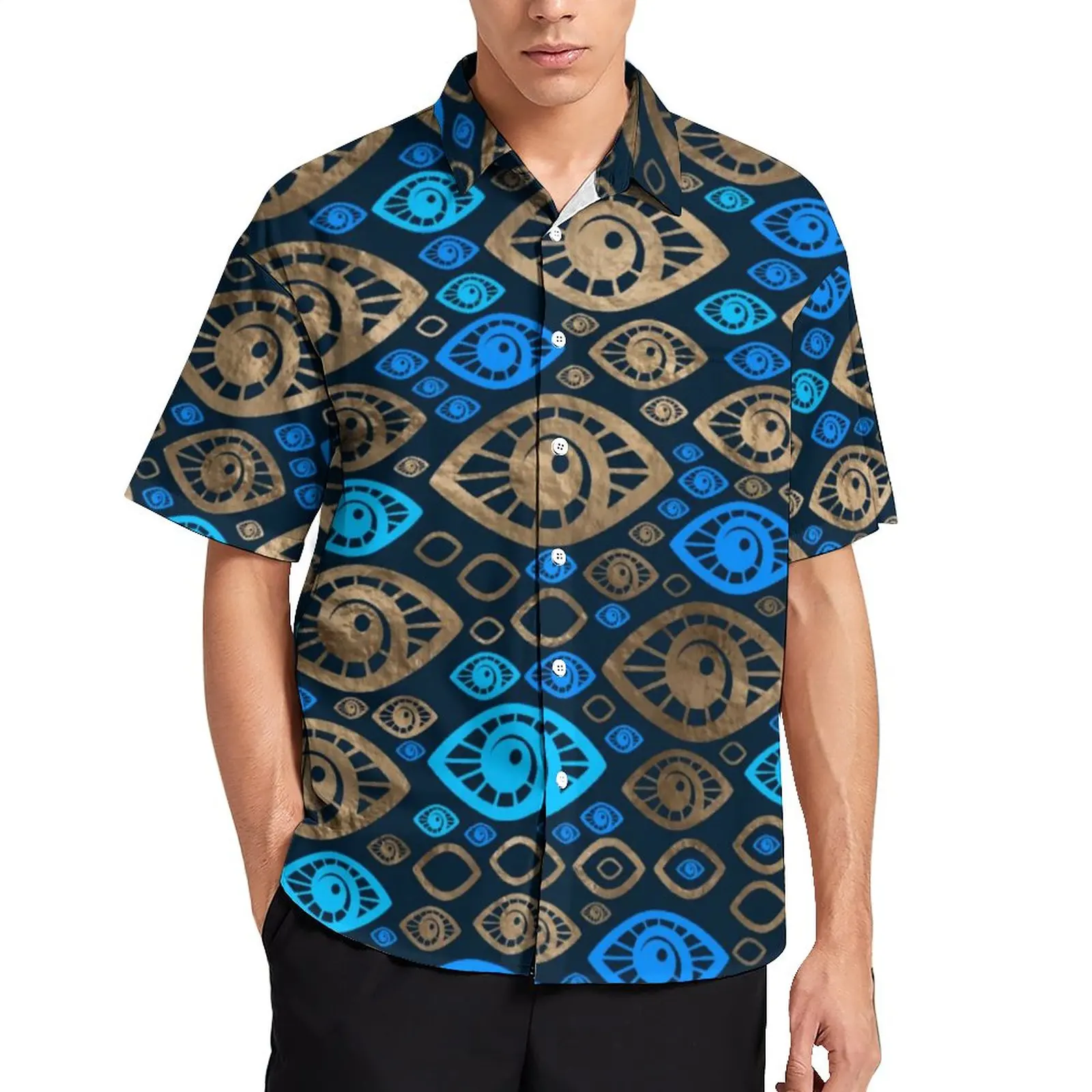 

Greek Evil Eye Casual Shirts Blues and Gold Print Vacation Shirt Hawaii Retro Blouses Male Graphic Big Size 3XL 4XL