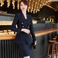 autumn formal ladies blue stripe blazer women business suits with sets work wear office uniform large size skirt jacket spring