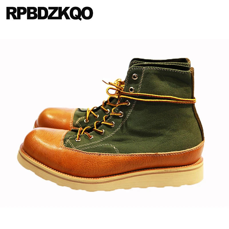 

Army Military Boots Tactical Ankle Patchwork Canvas Men 12 Flats Shoes Lace Up Combat Cow Leather Large Size Goodyear Welted