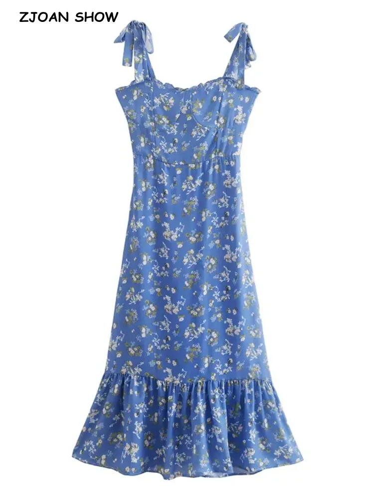 

Женское винтажное платье средней длины, платье цвета слоновой кости с цветочным принтом, оборками на подоле, бантом на бретелях, без рукавов...