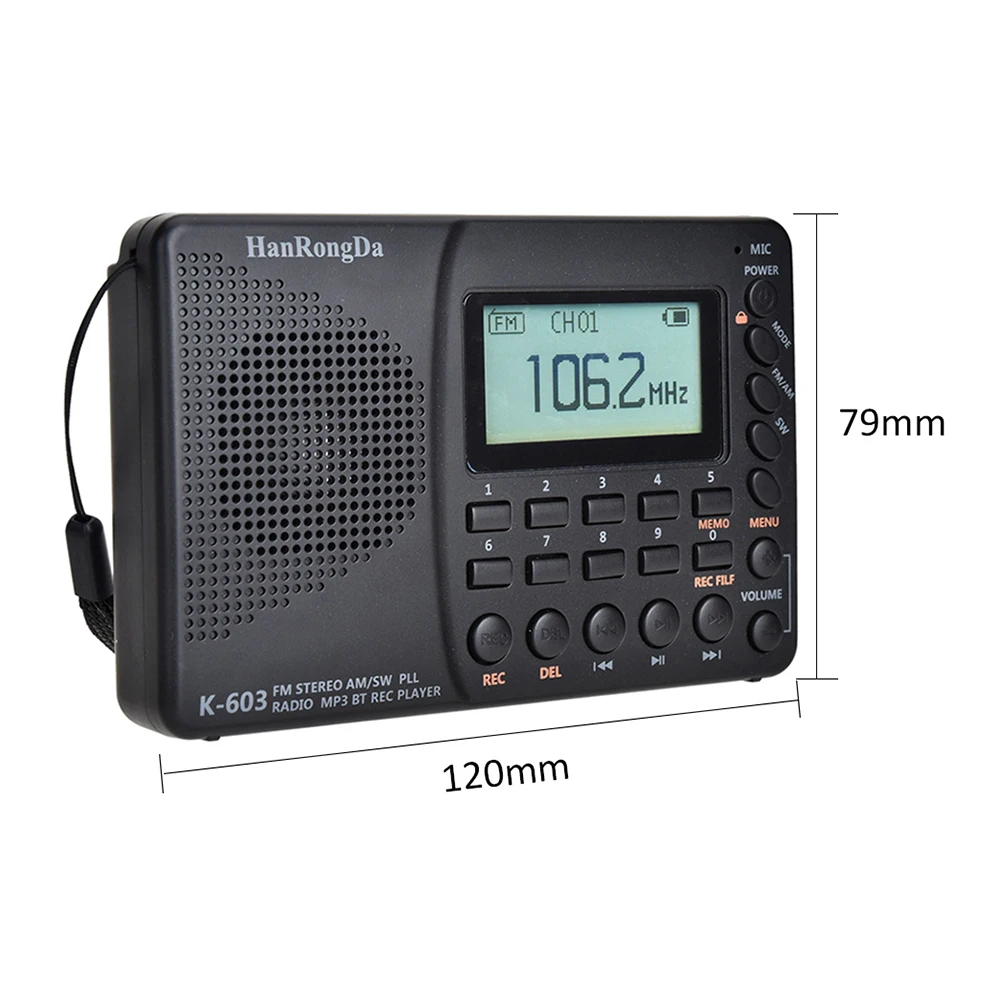 Портативное цифровое радио AM/FM/SW/BT/TF карманное USB MP3 цифровой рекордер поддержка