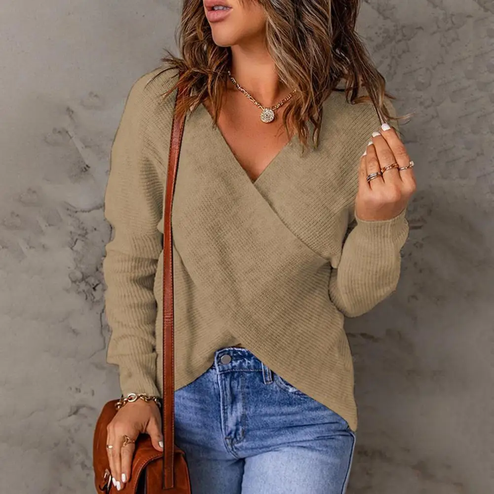 

Fashion V Neck Long Sleeves Loose Thick Warm Knitted Sweater Autumn Winter Solid Color Design Sweater Jumper Female Clothing