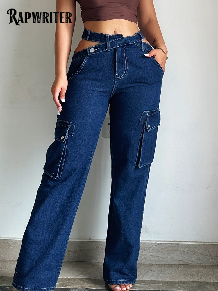 

Rapwriter Vintage Waist Hollow Out Straight Cargo Jeans Aesthetics Botton Pockets Blue Fashion Streetwear Woman's Casual Trouser