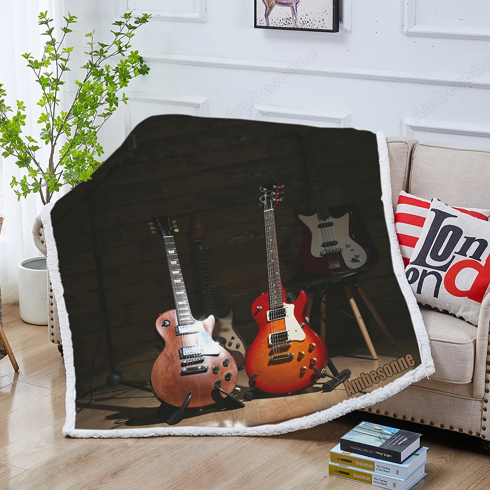 Electric Guitars on Lighted Wooden Background Bed Blanket Pl