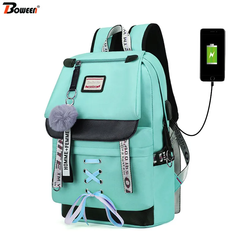 

AIWITHPM Canvas Large Capacity Usb School Bags for Girls Teenagers Backpack Women Bookbags Green Middle College Teen Schoolbag