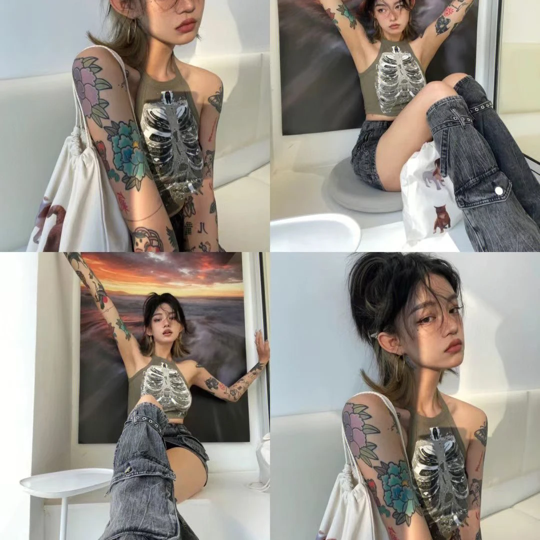 

y2k Hip Hop 2023 New X-Ray Rib Print Sleeveless Strap Tank Tops Short Retro Fashion Women's Clothing Street trendsetters