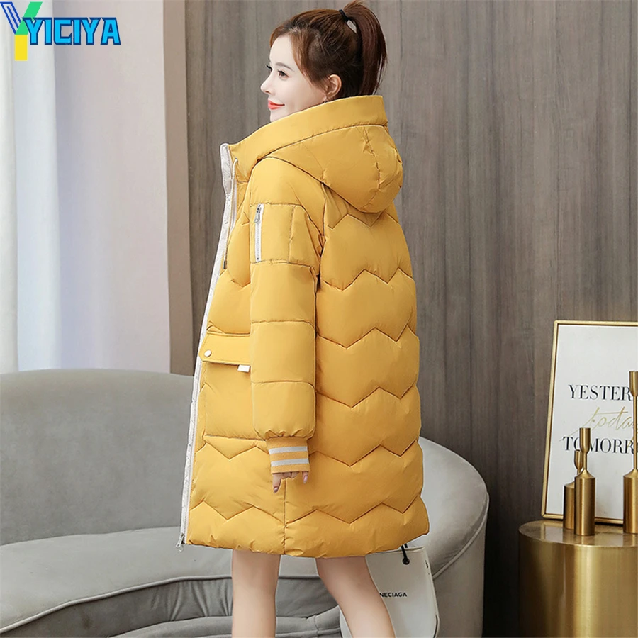 YICIYA Winter Parkas 2023 Woman Hooded Mid-length Cotton Padded Coat Women Loose Thicken Jackets Fluffy Overcoat Solid Outwear