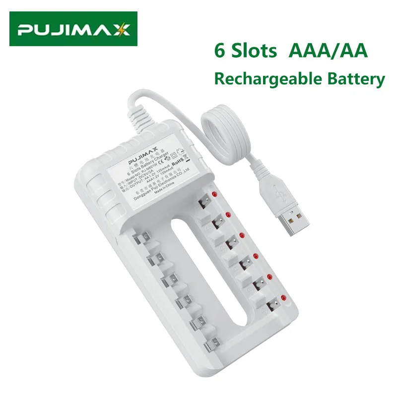 

PUJIMAX 6 Slots Battery Charger Universal USB Cable Fast Charging For 1.2V AA/AAA Rechargeable Batteries With LED Light Durable