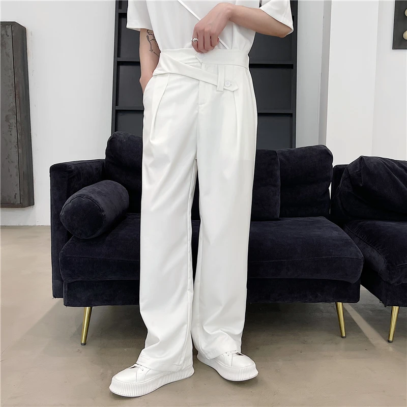 Men's Suit Straight Leg Pants Spring New Mature Dark Personality Asymmetrical Belt Casual Large Size Pants