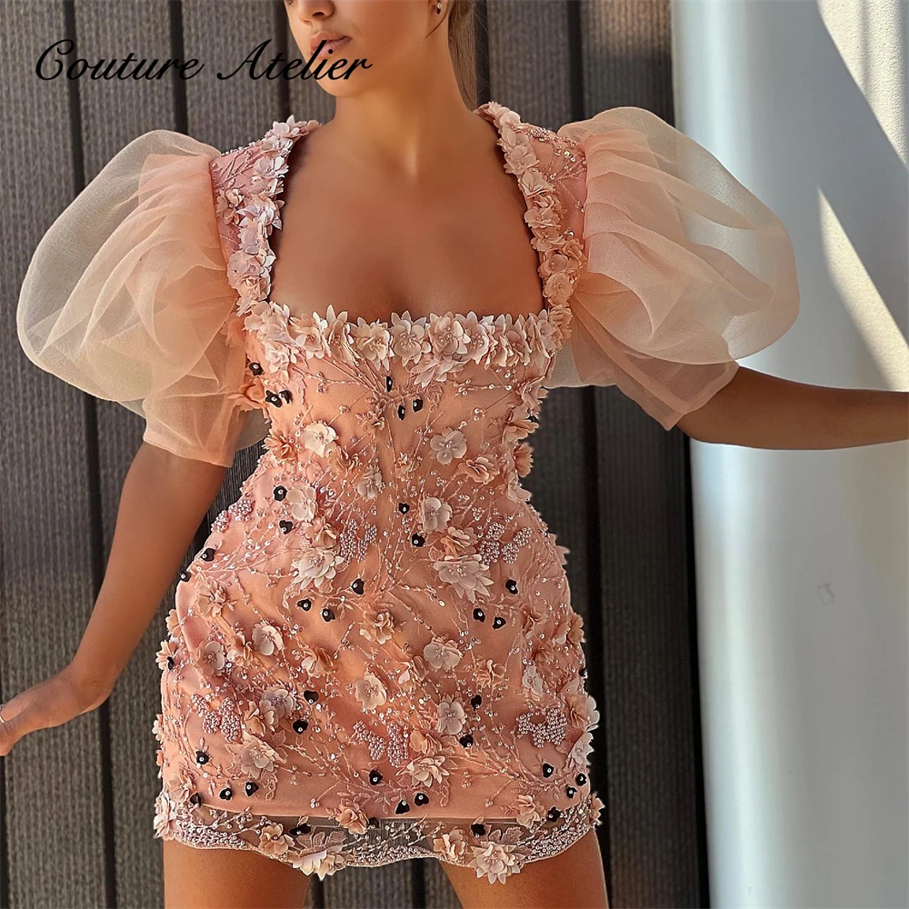 

Sweet Pink Puff Short Sleeve Prom Dresses Saudi Arabia Mermaid Mini Cocktail Dress Square Neck Birthday Party Gowns robe de bal
