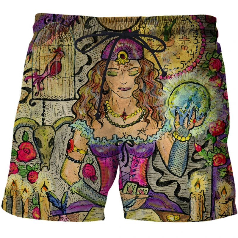 New Summer Hot Men Beach Short Quick Dry 3d Tarot art pattern Printed Elastic Waist Mens Shorts swimming casual board shorts