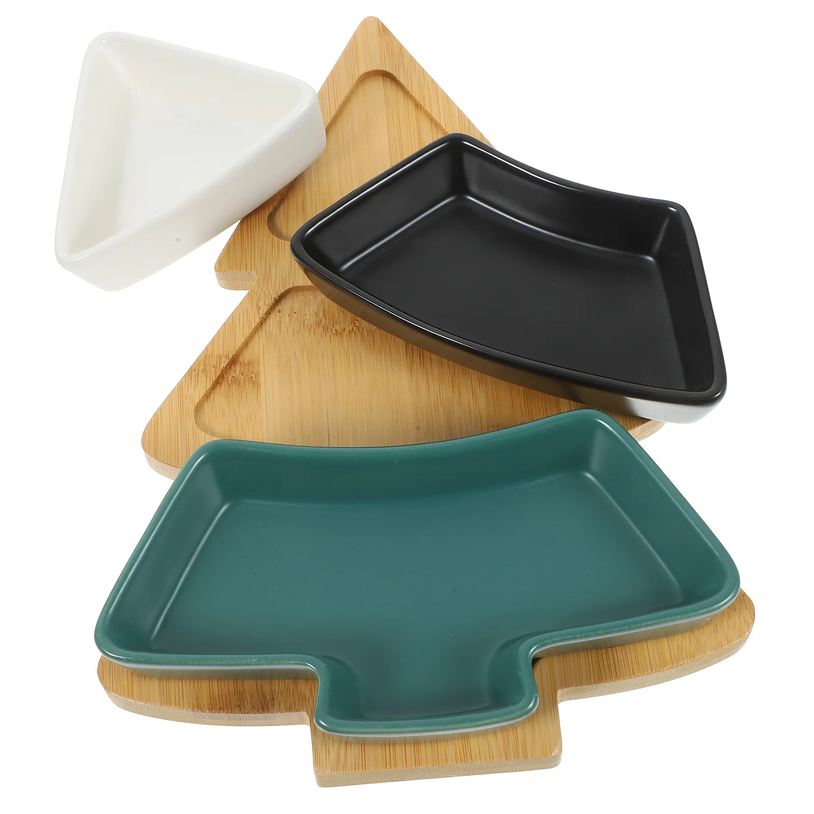 

Christmas Tree Ceramic Dish Tray Removable Snack Platter Cookie Plates Holiday Party Dessert Dinnerware with Bamboo Base Stand