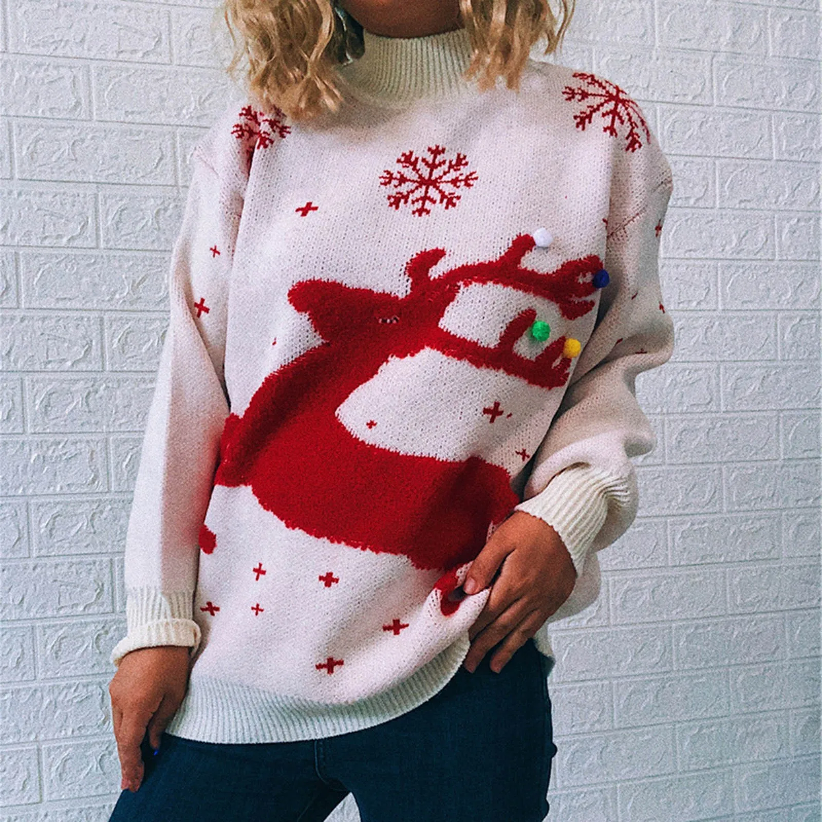 

Модные женские свитера 2023 Рождество Осень Зима Классический снежинка олень вязаный принт с длинным рукавом О-образным вырезом свитер пуловеры