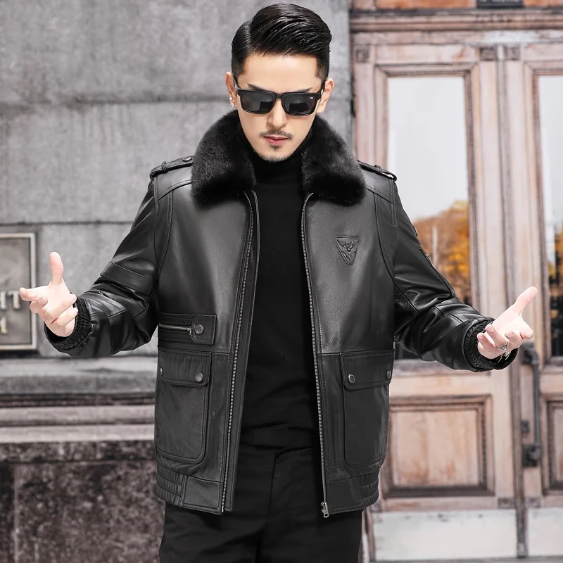 

Men's Coat 100% Genuine Cowhide Leather Jacket Male Big Mink Fur Collar Warm Thick Woolen Liner Coats Jaquetas Gm404