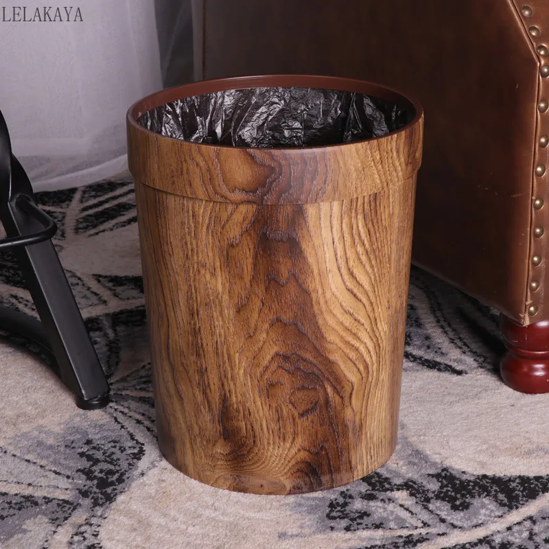 

Household Vintage Garbage Bin Imitation Wood Grain Trash Can Without Lid Plastic Waste Basket with Pressure Ring Paper Basket