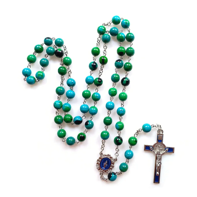 

QIGO Big Blue Enamel Jesus Cross Pendant Stone Strand Rosary Necklace Religious Jewelry For Men Women