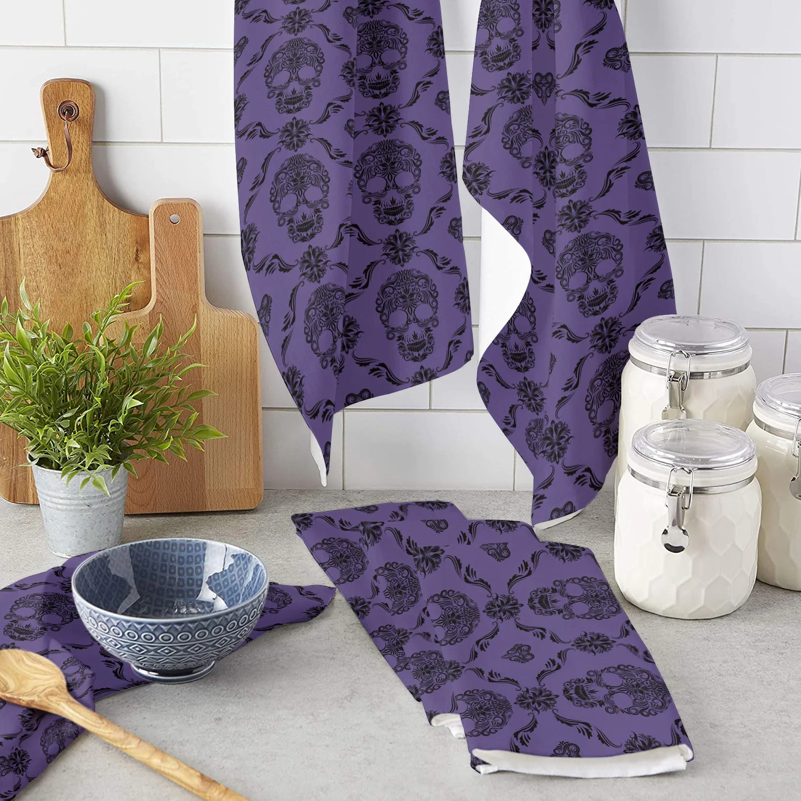 

Skull Purple Kitchen Cleaning Towel Microfiber Absorbent Dishcloths for Kitchen Rags Cleaning Tool