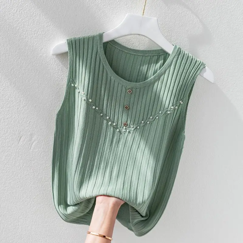 

Fashion O-Neck Spliced Loose Beading Sleeveless T-Shirt Women's Clothing 2023 Summer New Casual Pullovers All-match Tee Shirt