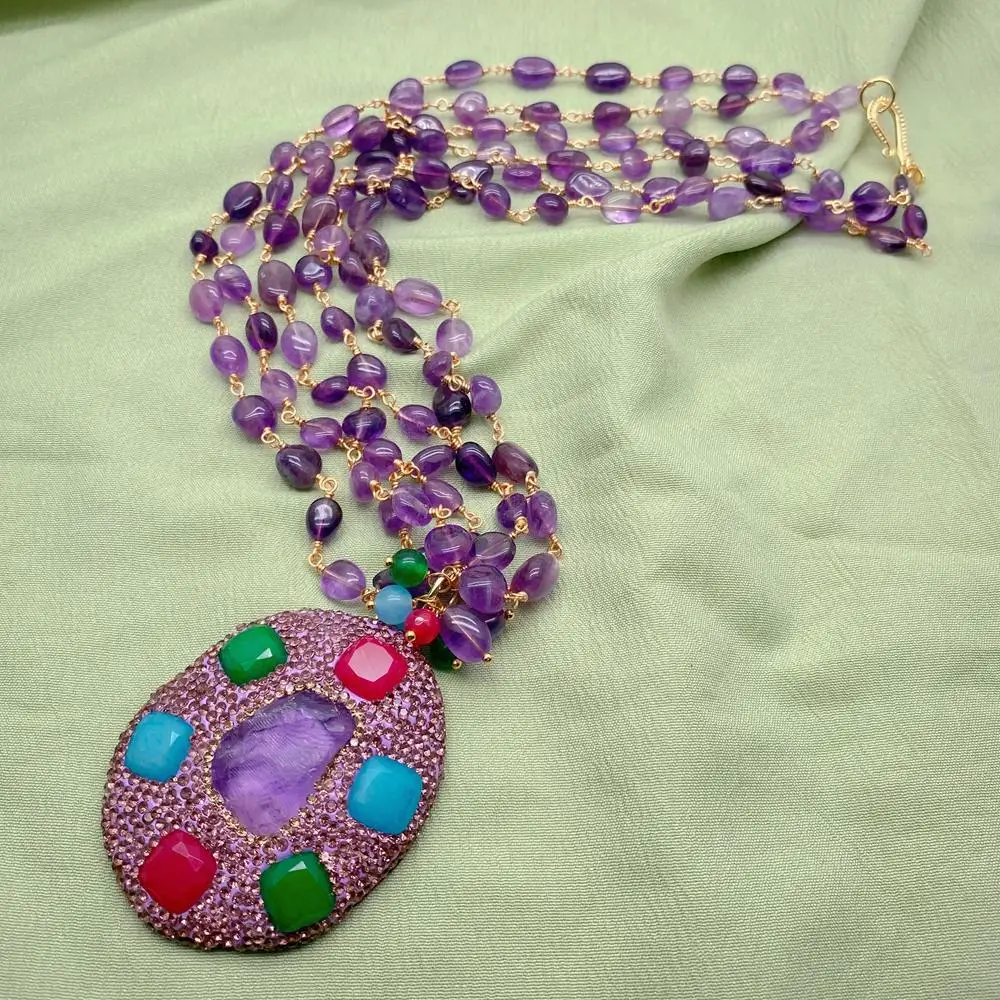 YYGEM 3 нити натуральный 8x10 мм фиолетовый аметист четки цепочка ожерелье 56x47 большой