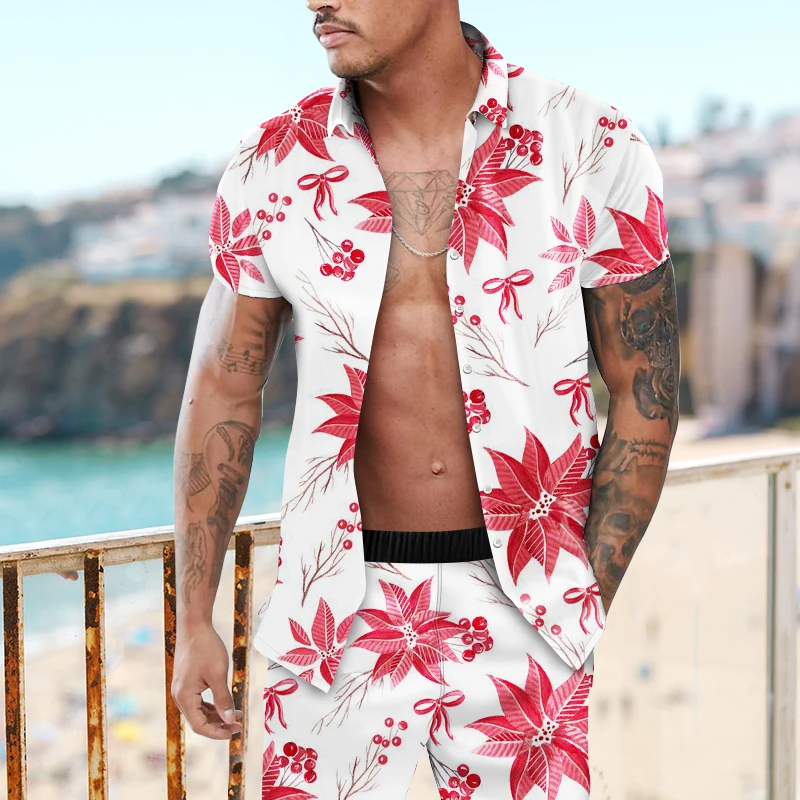 

Men Hawaiian Sets Summer Floral Print Short Sleeve Button Shirt Beach Shorts Holiday Mens Two Piece Suit Daily Trip High Quality