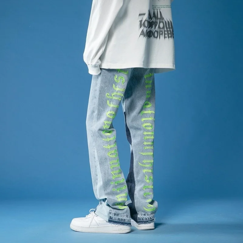 American High Street Jeans Men's Straight Pants Men's Ins Korean Alphabet Printing Trend Clown Casual Floor Pants