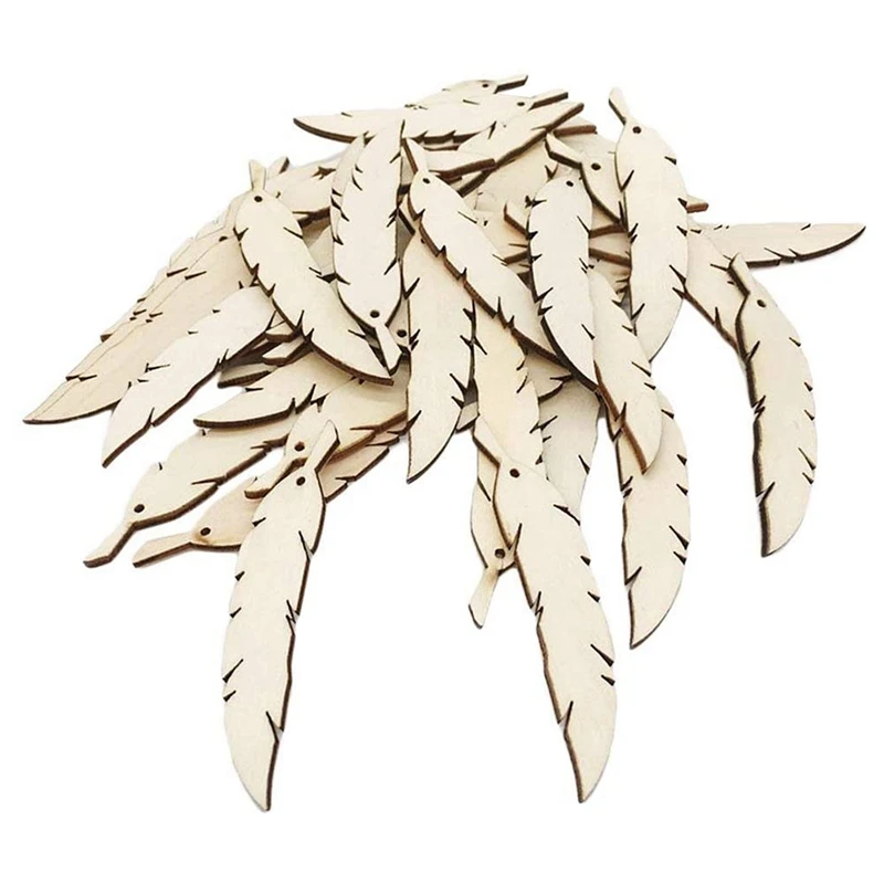 

50 Pieces Blank Unfinished Wood Feather Wooden Shapes Embellishment With Hole For DIY Gift Tags Crafts