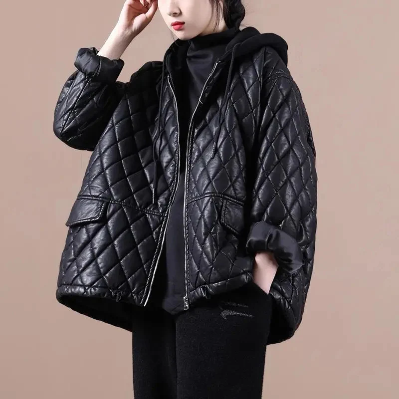 2022 New Autumn Winter Coats Women's Black PU Leather Jacket Korean Casual Warm Quilted Jackets Female Hooded Parka Overcoat