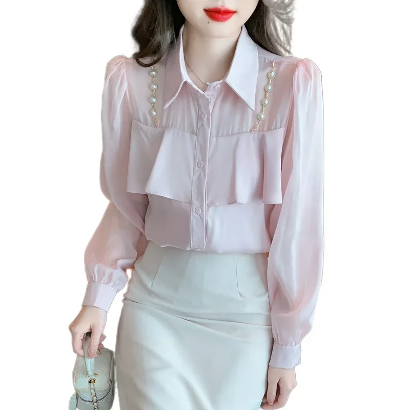 Осень 2023 новая легкая рубашка во французском стиле с рюшами и длинными рукавами