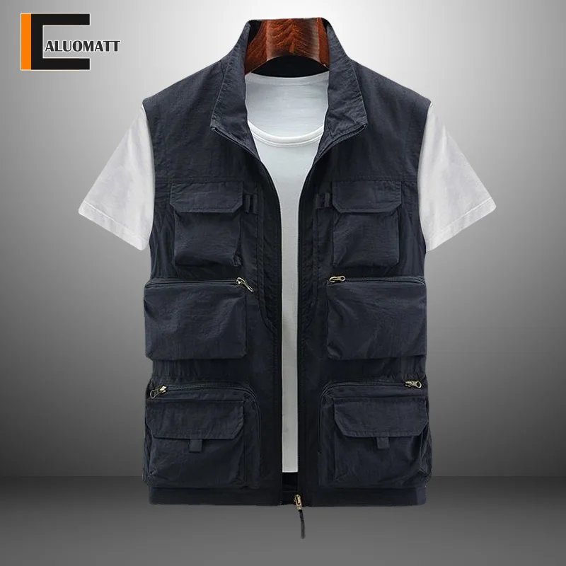 

Multi Pocket Workwear Men's Vest 2023 Spring Autumn Casual Thin Fishing Tank Top Sleeveless Cardigan Over Shoulder Men Jacket