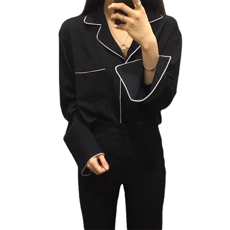 Women New Autumn Fashion Shirts Japanese Kimono Black White Long Sleeve Loose Tops Color Contrast Casual V Neck Blouse | Женская одежда