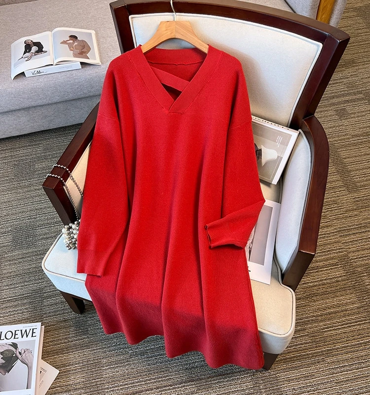 Очень большое женское зимнее вязаное платье-свитер с v-образным вырезом 50 00 кг 200