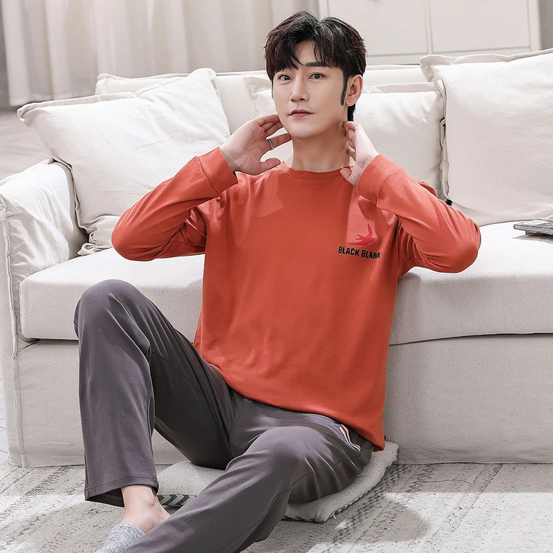 QUHENG Autumn Men Pajama Sets Cotton Pijama Round Neck Male 2 Pieces Sets Casual Homewear Sleepwear Long Sleeve Nightwear