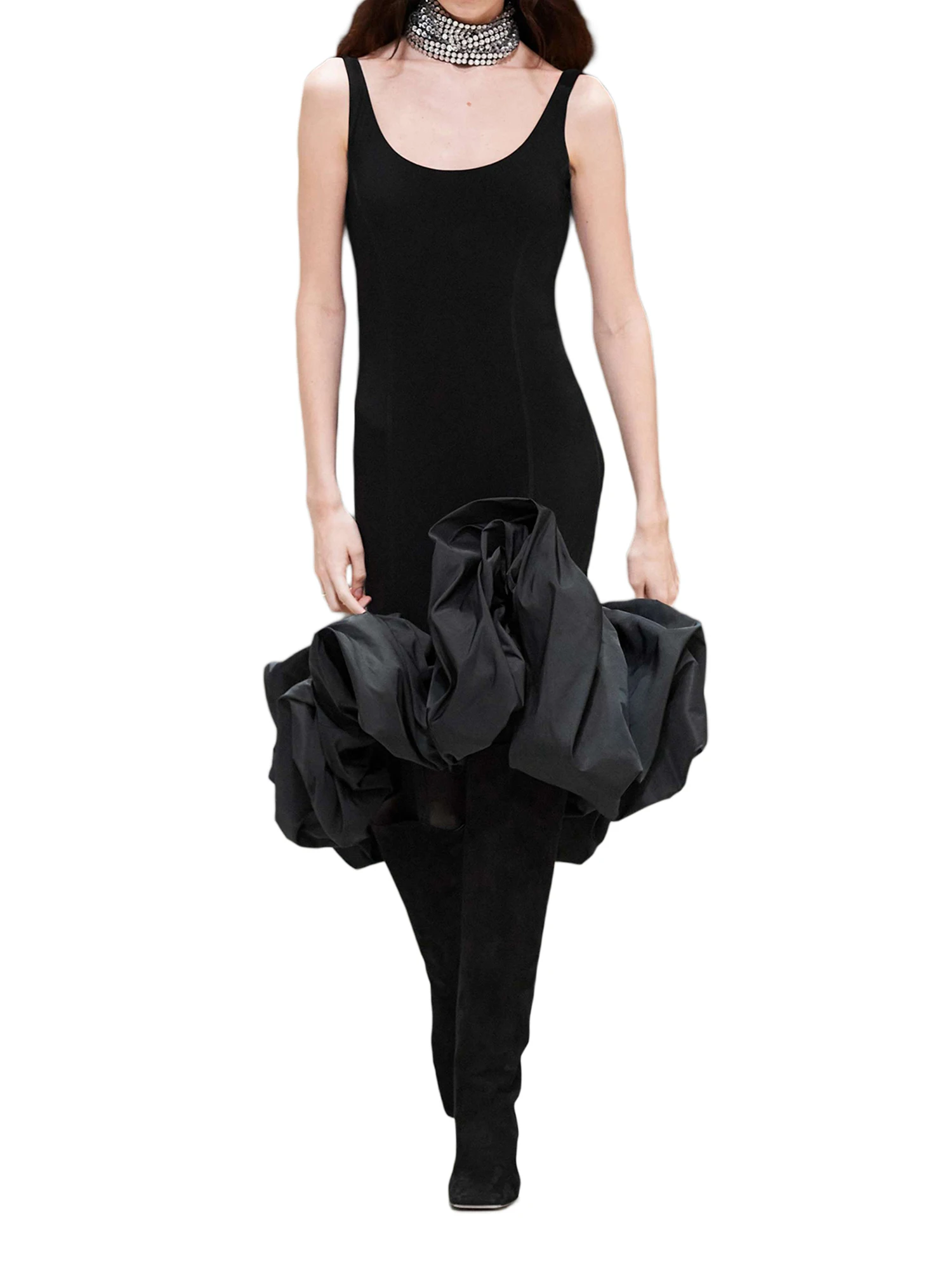 

Женское летнее однотонное облегающее платье средней длины с круглым вырезом и открытой спиной